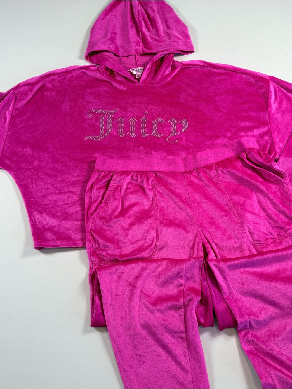 Juicy Couture Fuchsia Pink Velour Rhinestone 'Juicy' Pajamas PJs Loungewear XL
